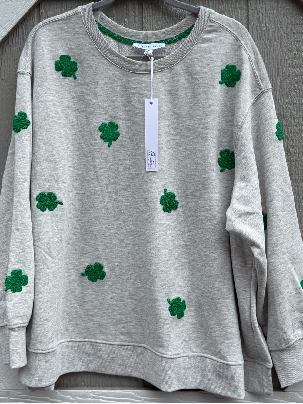 Jane & Delancey Gray Crewneck Sweatshirt with Green Shamrock Motif